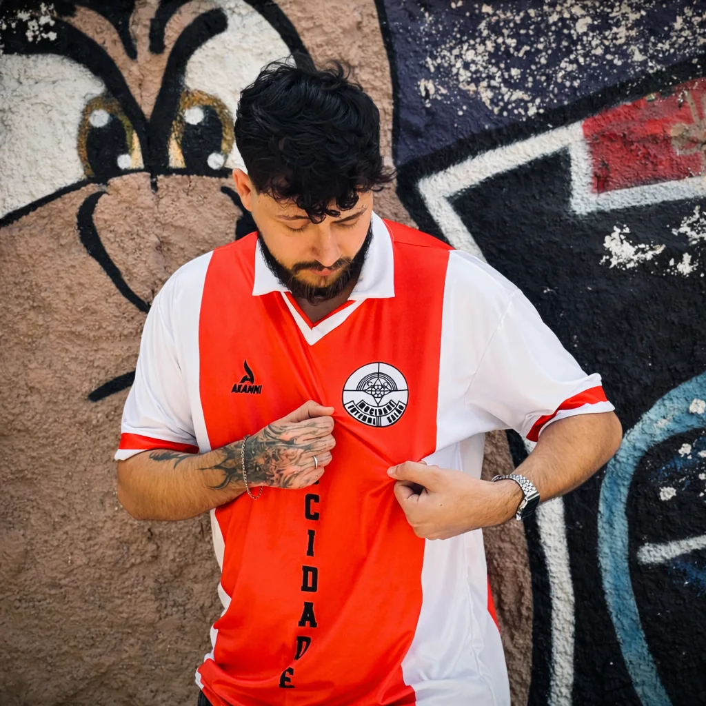 Modelo usando camiseta vermelha e branca personalizada